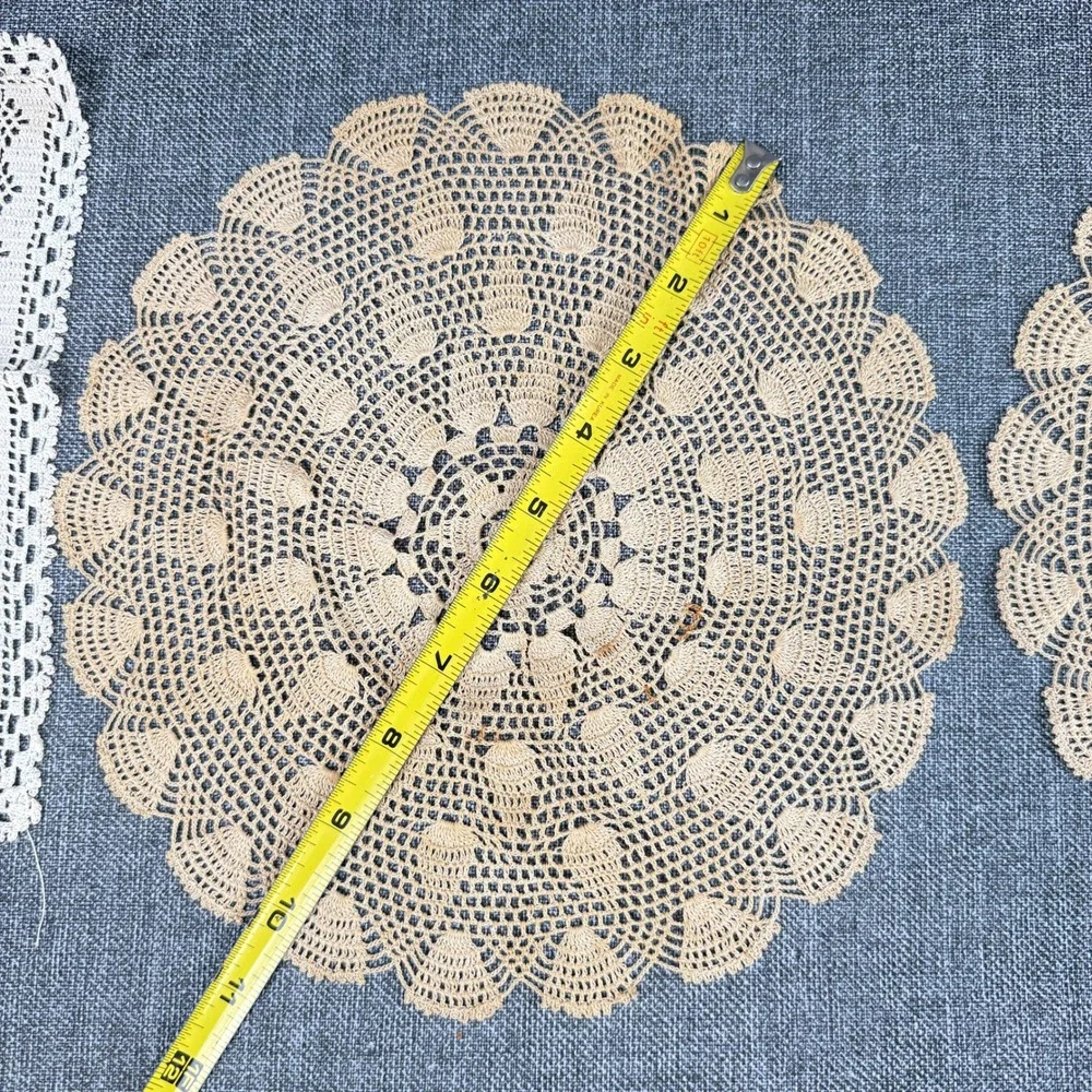 Vintage Handmade Crochet Lace Doily Set 7pc Cream Tan Floral Geometric